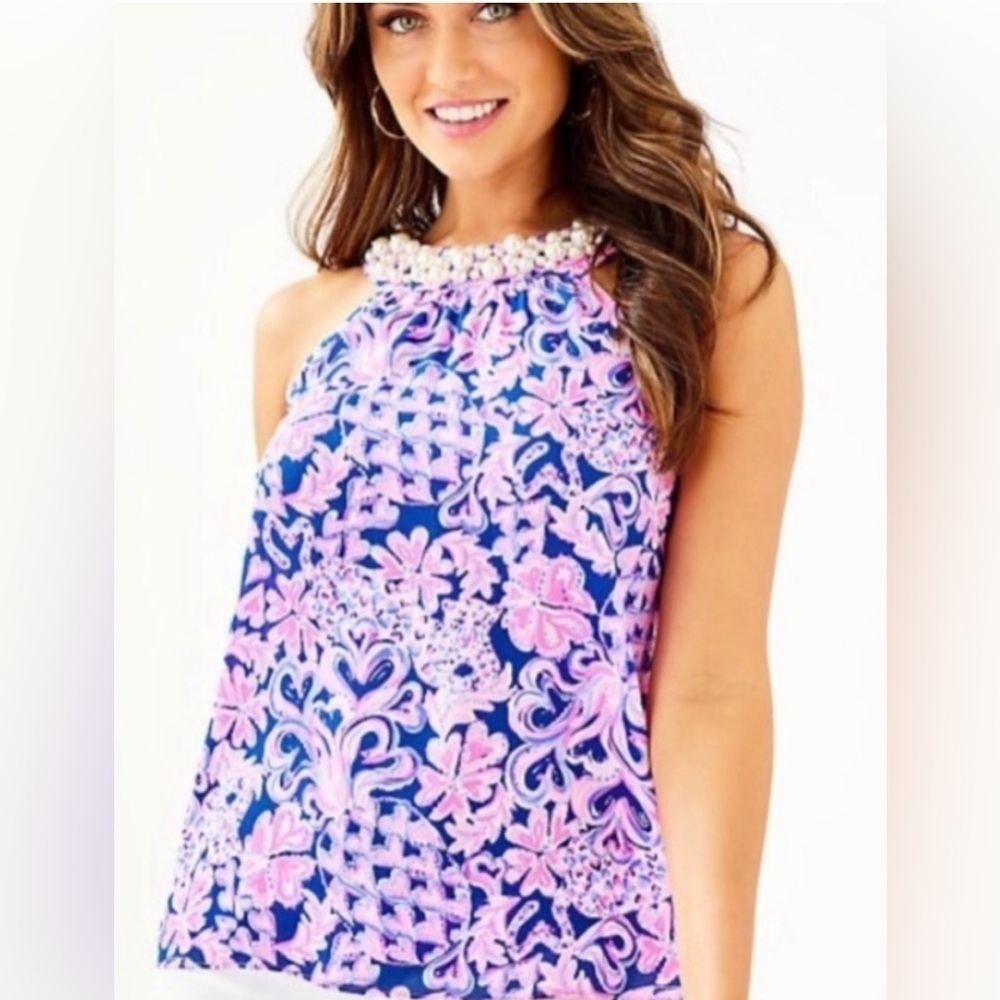 NWT Lilly Pulitzer Pink and Navy Beaded Pearl Collar Top Size SX